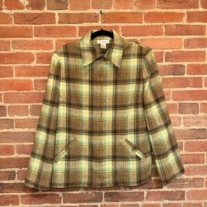 Evan Picone Wool Plaid Zip-Front Shirt Jacket in Green Brown & Cream
